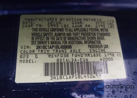 2011 Nissan Versa 1.8S z USA, uszkodzony, nr VIN 3N1BC1AP1BL450699